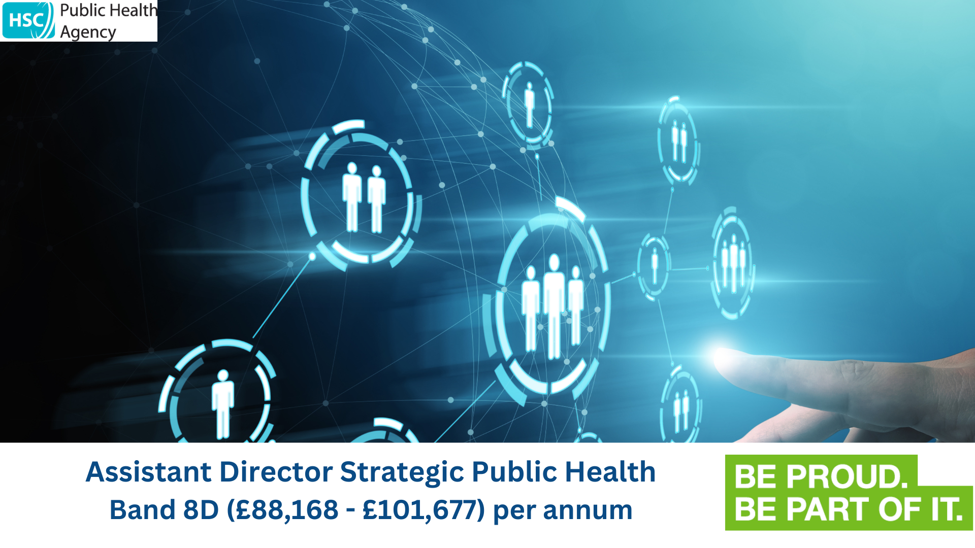 Recruitment graphic for the Public Health Agency advertising the role of Assistant Director Strategic Public Health, Band 8D with a salary range of £88,168 to £101,677 per annum. The image shows a digital network of connected icons representing people, with a hand pointing toward one of the icons. The Public Health Agency logo appears in the top left, and a green slogan at the bottom right reads ‘Be proud. Be part of it.’